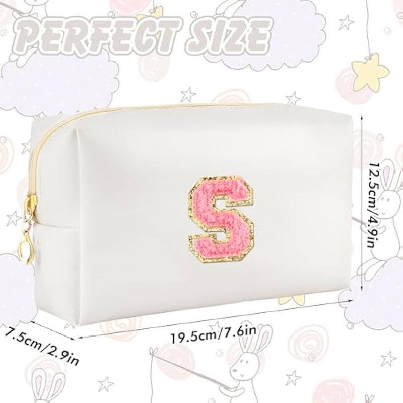 Initial Preppy Makeup Bag Personalized Travel Small Cosmetic Bag Cute PU White Chenille Letter Makeup Pouch for Purse Waterproof Zippered Toiletry Organizer for Women Girls Kids Friends (S) - Image 4